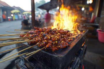 Grilled skewers of marinated meat sizzling over an open flame at a bustling street food market.