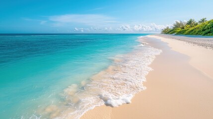 Fototapeta premium The breathtaking aerial image captures the tranquil turquoise waters meeting the powdery white sand of the beach, creating a harmonious blend of serenity and rejuvenation
