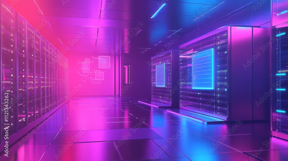 Poster a futuristic server room with transparent server racks, glowing softly with neon lights, holographic