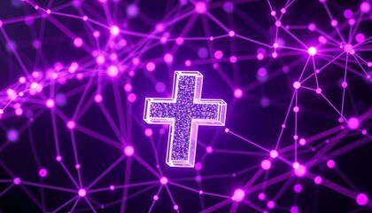 Glowing purple cross in a digital network. Concept of faith, technology, and spirituality.