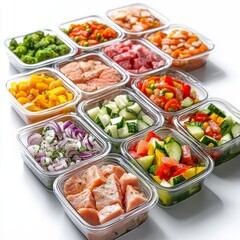 Colorful array of fresh food prep ingredients in glass containers, showcasing healthy meal prep options.