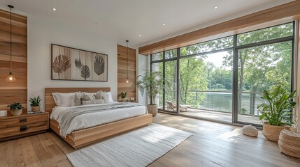 Obraz premium A modern bedroom with white walls, wooden floors, and a large window overlooking nature, featuring a wooden bed and minimal decor