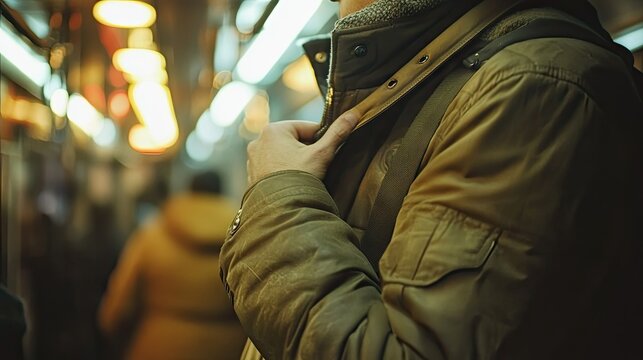 A man in a jacket gripping a subway strap during evening hours, the interior warmly lit and bustling