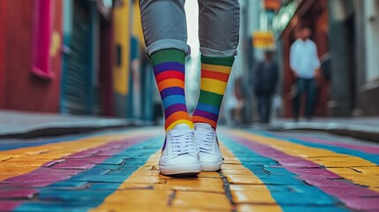 Fototapeta premium A man showcasing rainbow socks and sneakers while walking on a vibrant urban street