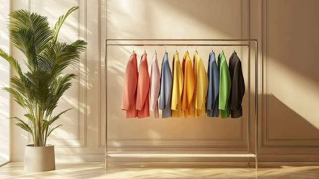 A minimalist rail holding colorful suits with a potted plant and neutral-toned interior in the background