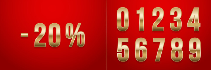 Discount golden numbers vector illustration set. 3D gold metallic numbers from zero to nine. Sale of 20 percent off on red background. Sale, promotion, discount banner.