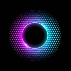 Color dotted round pattern. Neon blue pink frame with halftone effect. Abstract shining background with light glowing elements. Glitter circle ring. Modern futuristic vector illustration.