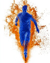 Fototapeta premium Dynamic male athlete in blue, running through a burst of orange energy, embodying speed and power.
