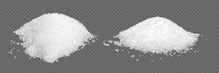 Sea salt piles isolated on transparent background. Heaps of sugar on table. White grain crystals. Natural mineral for cooking, bath, spa. Realistic vector illustration set