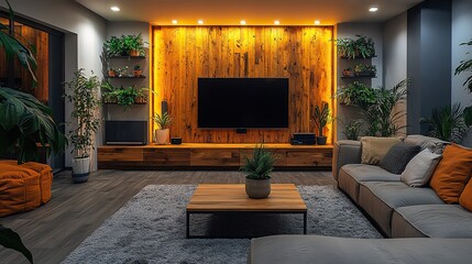 A modern living room features a large television for entertainment
