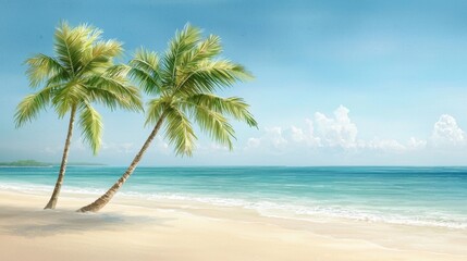 A vibrant watercolor painting featuring lush palm trees swaying in the breeze on a sandy beach, with crystal clear ocean waters in the background