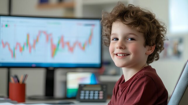 A smiling child sits at a desk with a stock market chart behind.
