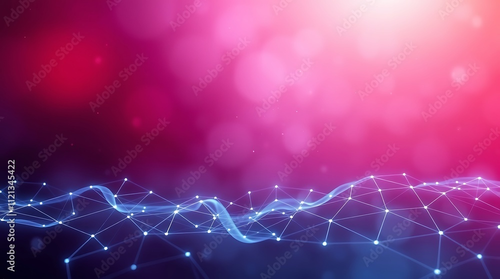 Poster abstract tech landscape: a mesmerizing blend of vibrant pink and blue hues, a dynamic network of int