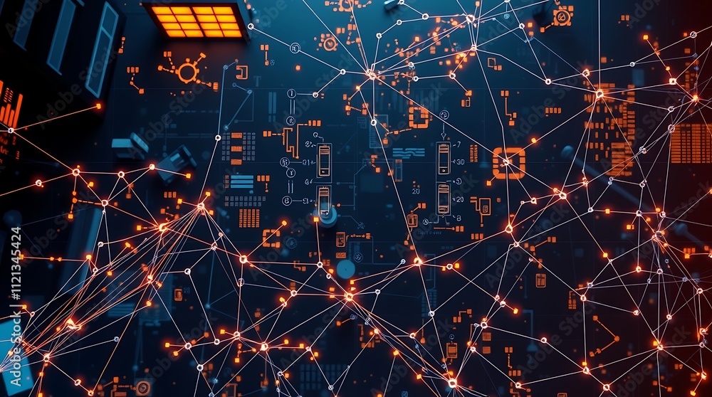 Aufkleber networked future: a stylized, intricate network of glowing lines and nodes representing interconnect
