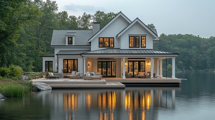 A modern white home with a porch offers stunning lake views, complete with a dock and boat