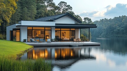 Obraz premium A modern white home with a porch offers stunning lake views, complete with a dock and boat