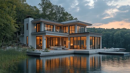 A modern white home with a porch offers stunning lake views, complete with a dock and boat