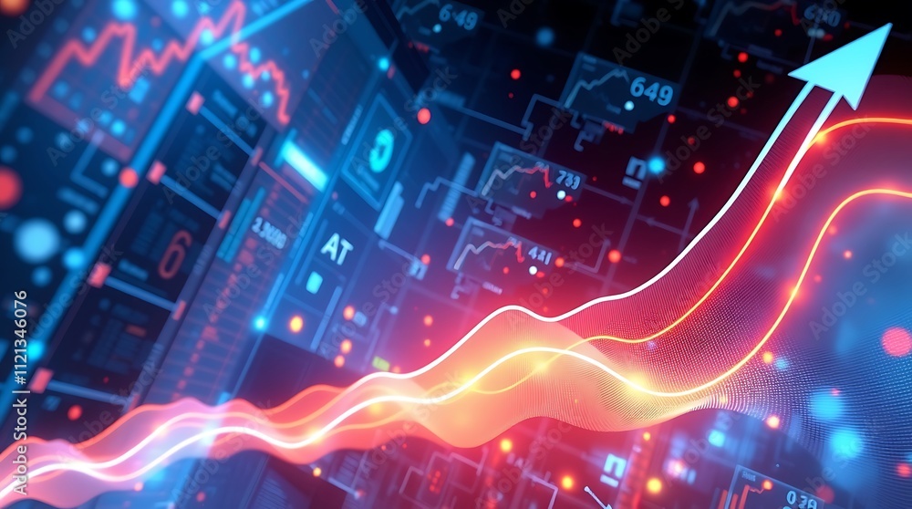 Poster upward trajectory: a vibrant abstract visualization of data and an arrow pointing upwards, symbolizi
