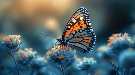 Obraz premium A monarch butterfly rests delicately on an overgrown flower, showcasing the beauty and fragility of nature