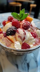 A Delectable Dessert Bowl with Berries and Ice Cream
