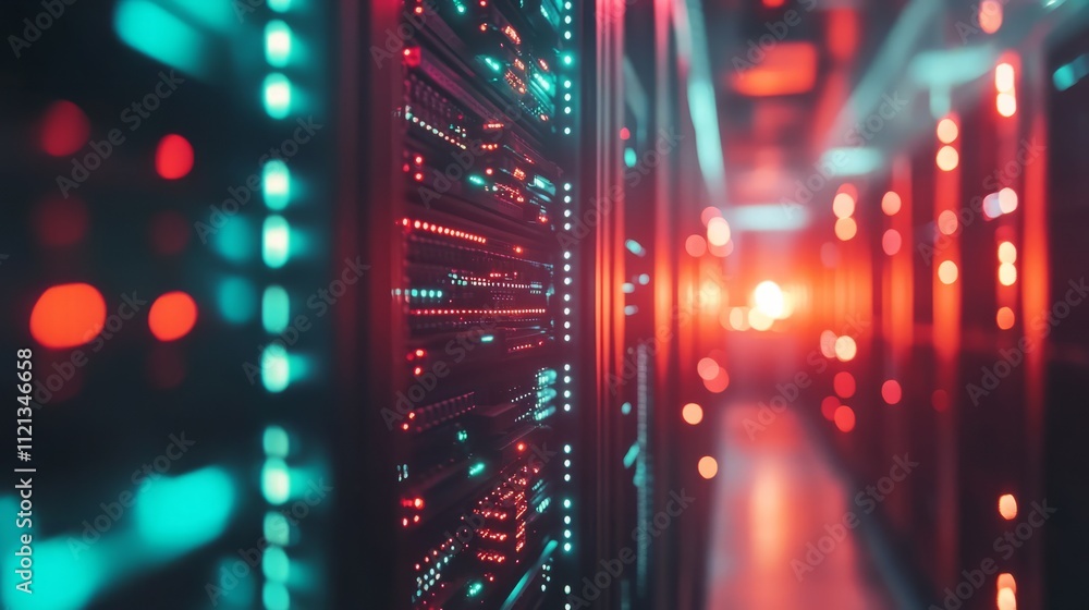 Poster a high-tech server room with rows of glowing server racks, fiber optic cables connecting each machin