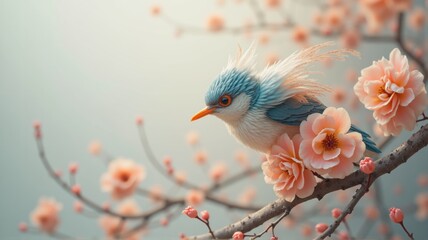 Beautiful blue bird sitting on blooming peach tree branch in spring