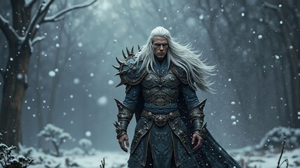 Fototapeta premium Powerful medieval fantasy warrior king with long white hair standing in snowy forest