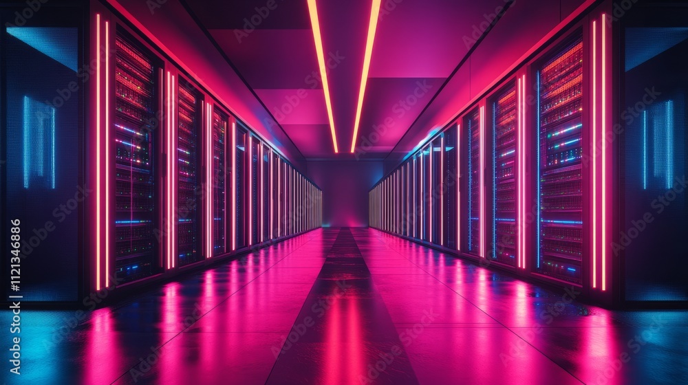 Poster a server room with open server racks, the glowing led lights casting soft reflections on the polishe
