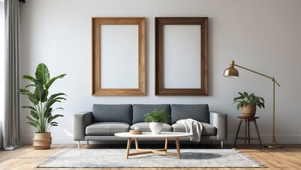 Modern living room interior and two white posters frame mock up on wall. A modern spacious interior designed.
