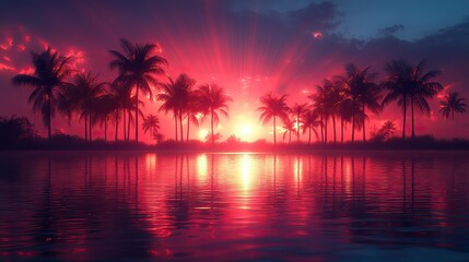 Obraz premium A neon scene with palm trees against a dark background, reflected in water with vibrant red and blue rays
