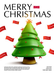 3d christmas tree with unlimited coupons flying around, isolated on white background. Christmas gift voucher banner template in 3d vector. Vector illustration