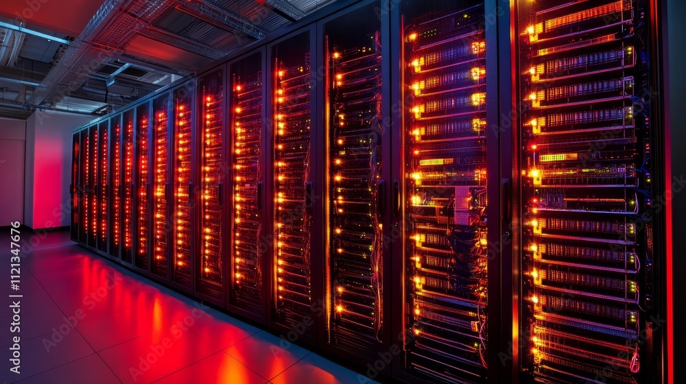 Aufkleber a high-tech server room with rows of glowing server racks, fiber optic cables connecting each machin