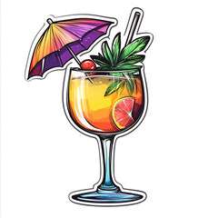 Tropical cocktail in glass with umbrella.