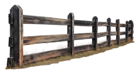 rural rustic weathered fence wood, farm yard wooden fence, isolated on transparent white background. cutout