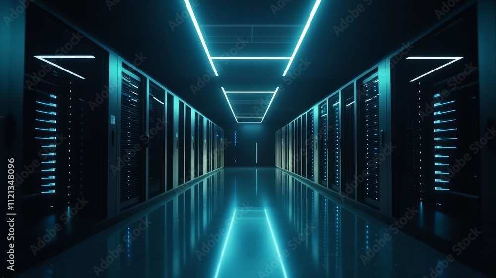 Aufkleber a high-tech server room with a wide array of servers aligned perfectly, sleek black racks glowing wi