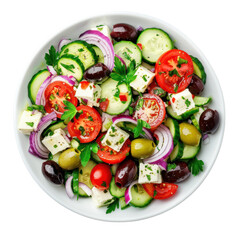 Photo of Greek Salad: Cucumbers, tomatoes, red onions, Kalamata olives, feta cheese, and a light oregano dressing. ,