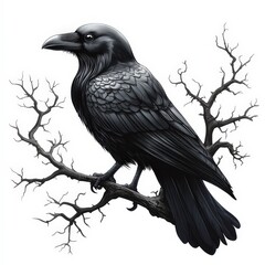 Fototapeta premium Raven perched on branch nature scene digital art mysterious environment close-up viewpoint