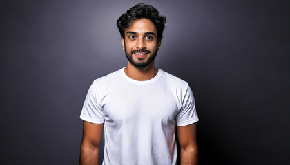 A front-facing mockup of an Indian male model in a plain white t-shirt, ideal for showcasing branding or logo designs.