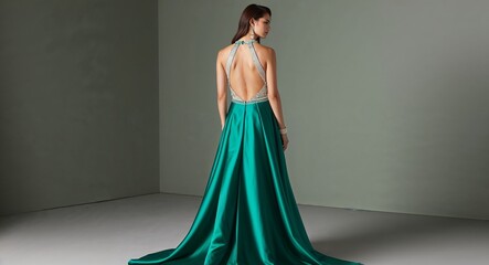 Fototapeta premium Long satin formal gown halter neck with deep V back and crystal detailing emerald green background 