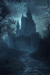 Obraz premium A castle with a large archway and a moon in the sky