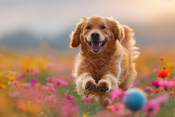 Joyful Retriever Running Through Flower Field