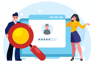 Password recovery. Businessman holding a huge magnifying glass. Businesswoman talking on smartphone with client or customer. Smiling woman employee have cellphone conversation. Business communication