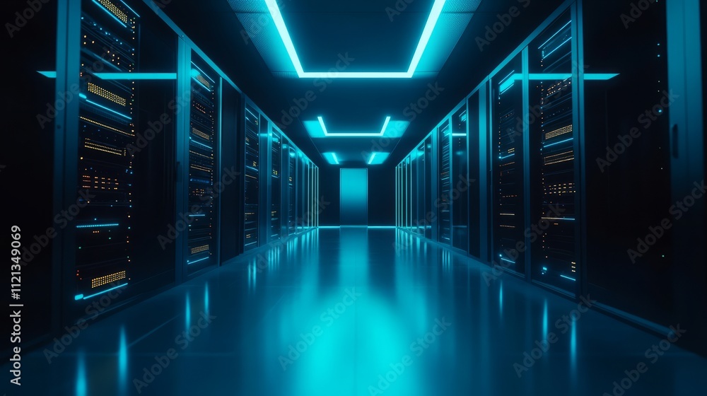Aufkleber a high-tech server room with a wide array of servers aligned perfectly, sleek black racks glowing wi