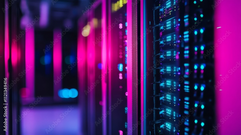 Poster a high-tech server room with rows of glowing server racks, fiber optic cables connecting each machin