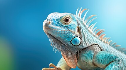 The vibrant blue scales of the iguana contrast beautifully against the deep blue background, creating a stunning and mesmerizing portrait captured with selective focus.
