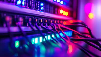 Obraz premium A detailed view of the backside of a server rack, colorful data cables organized neatly, LED indicators flashing rhythmically in the dim ambient lighting