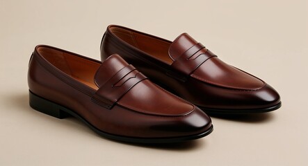 Fototapeta premium Mens brown leather loafers with a smooth finish and slip on style ivory background 
