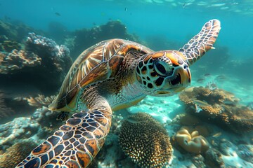 Obraz premium Serene Turtle Swimming Gracefully in Ocean Waters