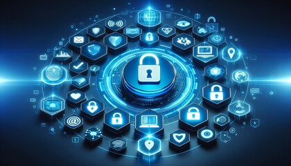 A mesmerizing digital rendering of a globe surrounded by a constellation of security icons, symbolizing the interconnectedness of global cybersecurity.