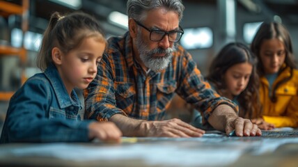 A teacher guides children in a focused workshop setting, deep in concentration on a collaborative educational project.